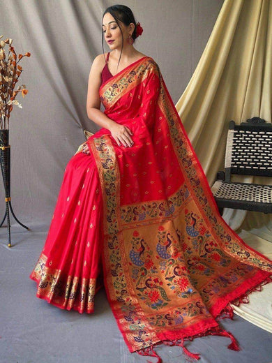 Astonishing Red Zari Weaving Paithani Silk Festival Wear Saree
